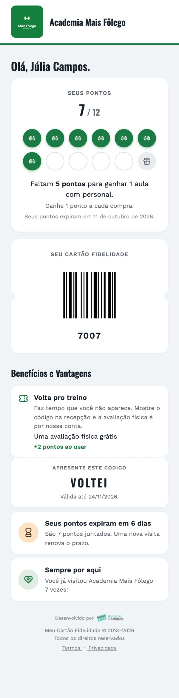 O cartão virtual da Academia Mais Fôlego no celular: 7 de 12 treinos, o cupom VOLTEI e o aviso de que os pontos expiram em 6 dias