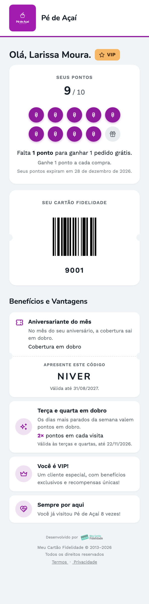O cartão virtual do Pé de Açaí no celular: 9 de 10 pontos, o cupom de aniversário e a campanha de terça e quarta