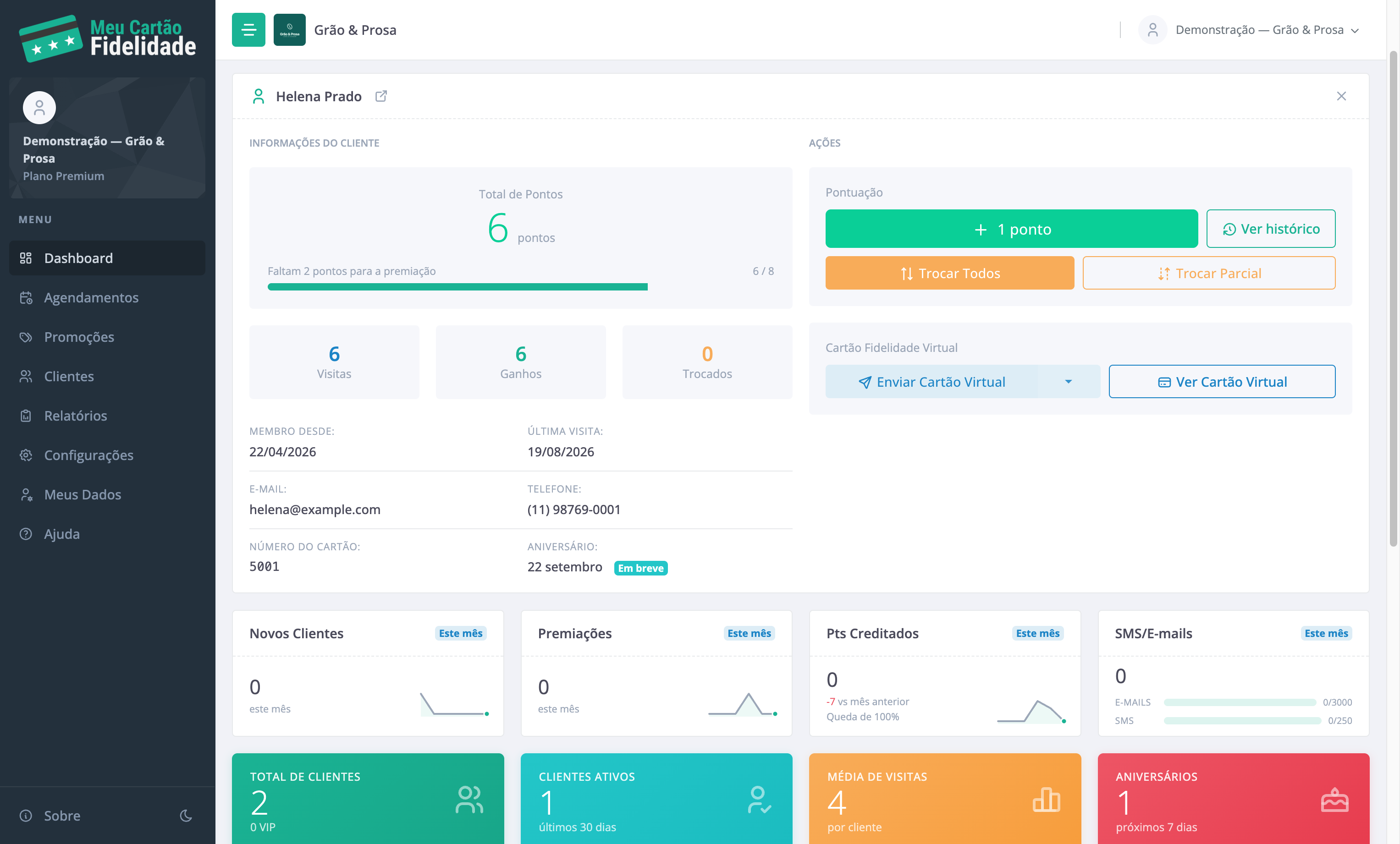 O dashboard do Grão & Prosa com um cliente selecionado