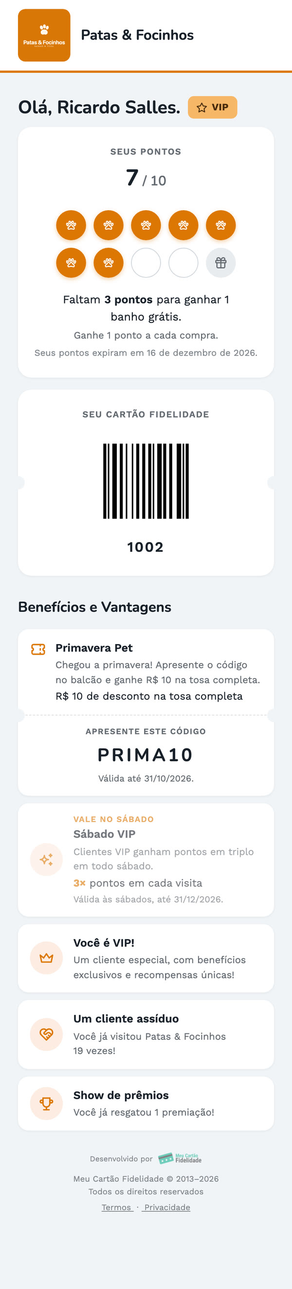 O cartão virtual do Patas & Focinhos no celular: 7 de 10 patinhas, o código de barras, o cupom da primavera e o sábado VIP
