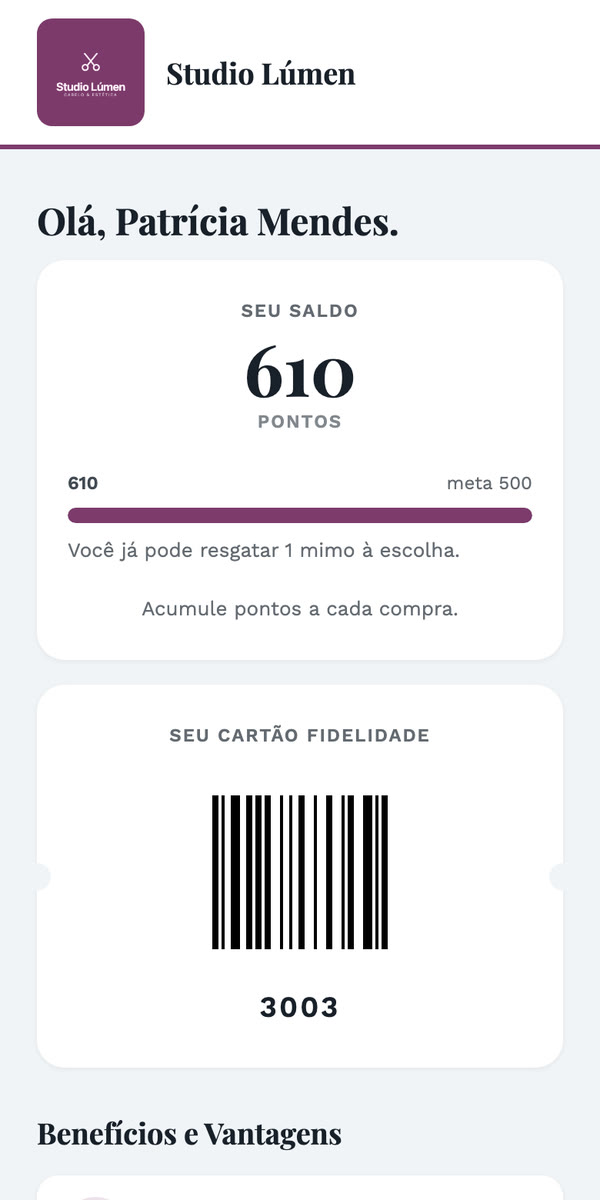 O cartão virtual do Studio Lúmen no celular: 610 pontos, a barra da meta e o código de barras