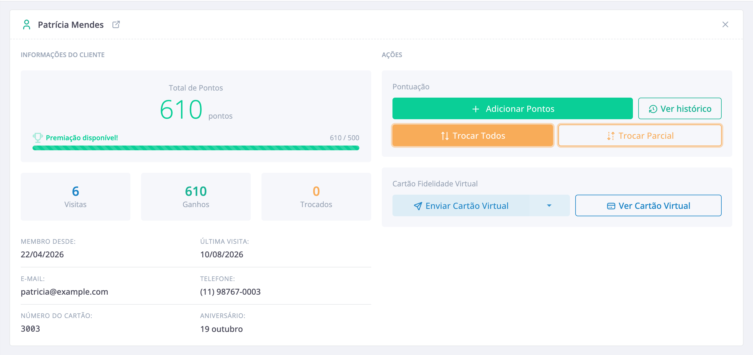 O dashboard do Studio Lúmen com Patrícia Mendes selecionada: 610 de 500 pontos e a premiação disponível